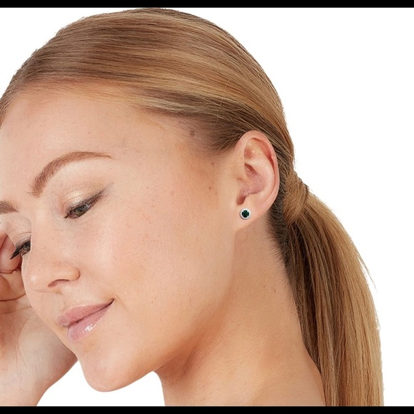 Lab-Created Emerald & 1/7 ct. tw. Diamond Earrings in Sterling Silver - Picture 2 of 6